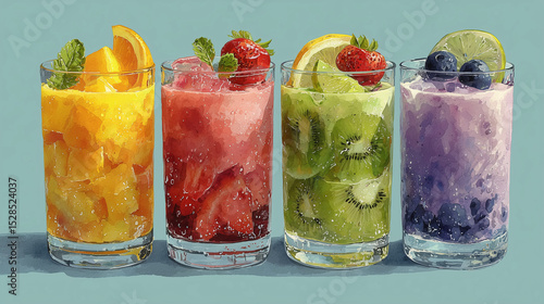 water color style colorful frozen drinks in tall glasses with tropical fruit, fresh fruit smoothie