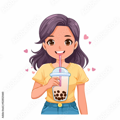 Anime-style girl with bubble tea, casual fashion and playful expression, vector design in trendy soft tones for streetwear