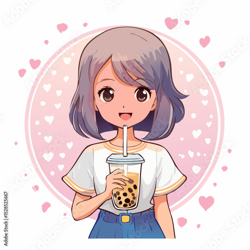 Anime-style girl with bubble tea, casual fashion and playful expression, vector design in trendy soft tones for streetwear