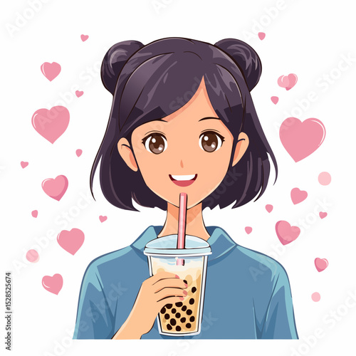 Anime-style girl with bubble tea, casual fashion and playful expression, vector design in trendy soft tones for streetwear