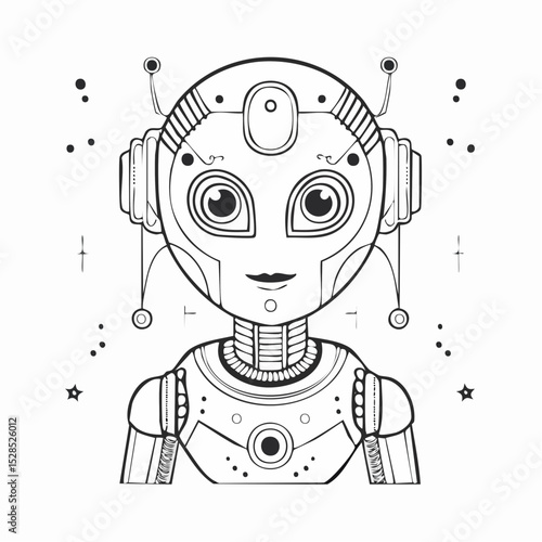 Minimal vector line art of a humanoid robot, black on white design, geometric and abstract, ideal for trendy t-shirts