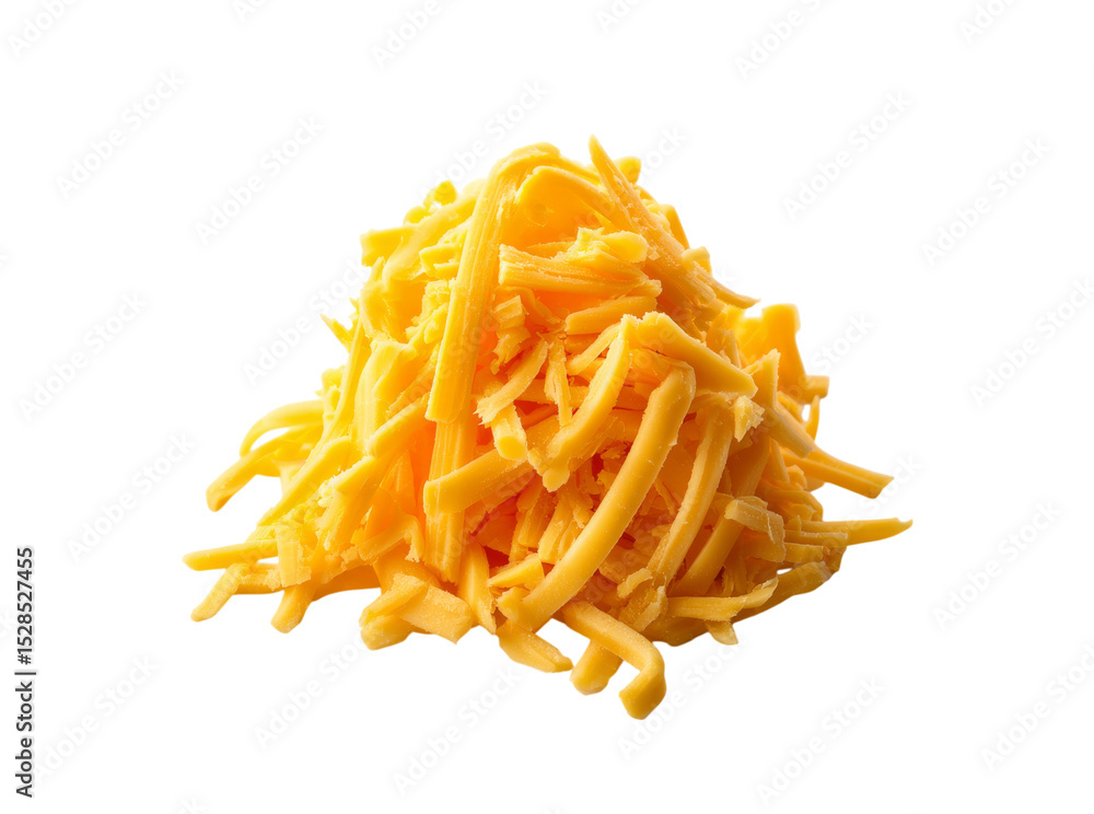 Fototapeta premium A heap of shredded sharp cheddar cheese isolated on black, Isolated On Transparent Background