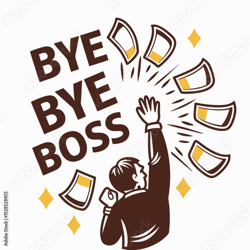 Man waving goodbye to boss with money flying around