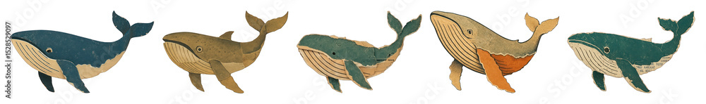 Fototapeta premium PNG Vintage whale illustration collection, element set on transparent background