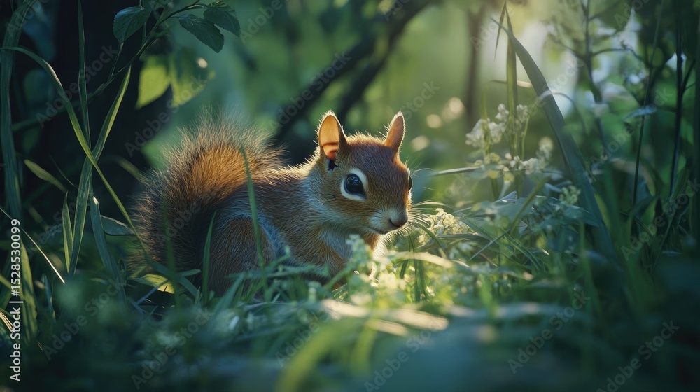 Obraz premium Red Squirrel in Sunset Meadow.