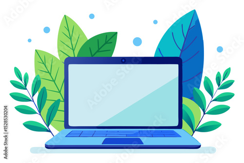 
A sleek blue laptop is prominently displayed amidst lush green and blue foliage, suggesting a focus on nature, eco-friendliness, or a peaceful work environment.