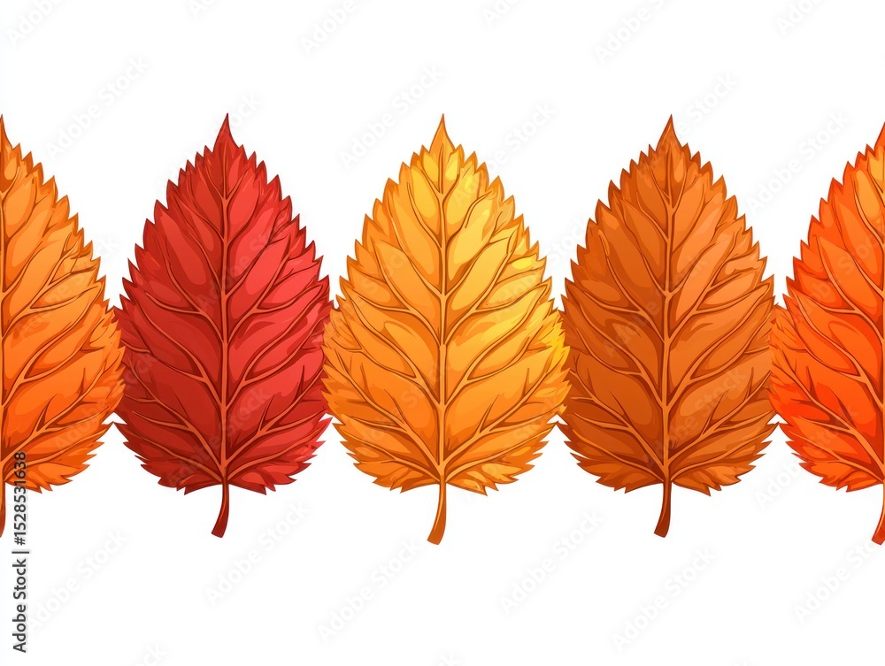 Seamless border of five autumn leaves in shades of red and orange, exhibiting detailed veining and serrated edges against a white background Seamless border of five autumn leaves in shades of red and orange, exhibiting detailed veining and serrated edges against a white background