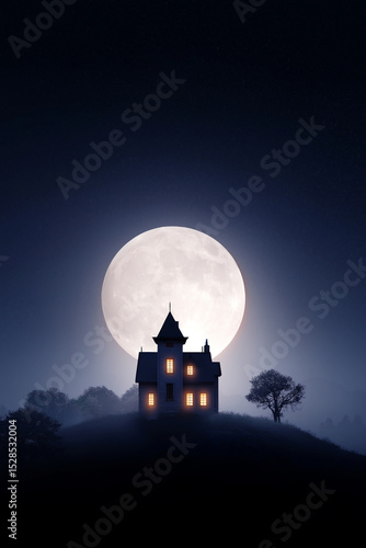 Wallpaper Mural Moonlit house on a hill under a glowing full moon at night Torontodigital.ca