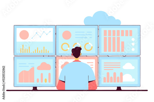 A person views a multi-monitor display showcasing various charts, graphs, and data visualizations, indicating data analysis and monitoring.