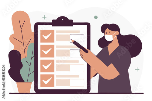 A masked person points at a large checklist on a clipboard with many checked items, symbolizing health and safety protocols or successful task completion.