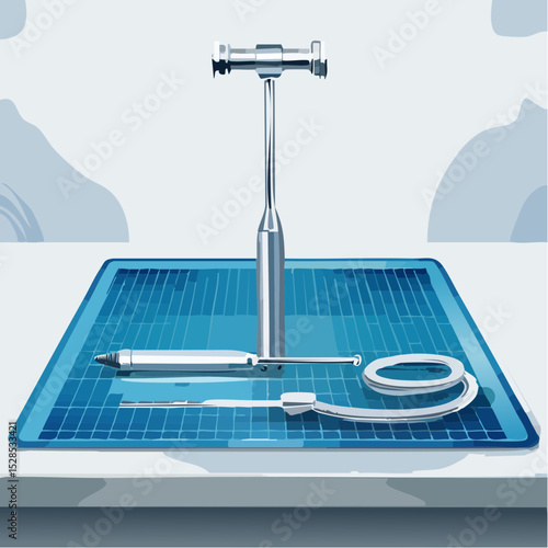 A reflex hammer and tuning fork arranged neatly on an operating table in clean, bright lighting.