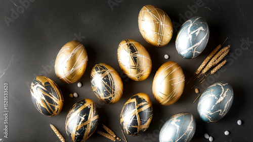 Decorative Easter eggs in gold and silver on a dark background