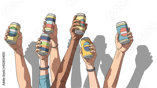 Raised Hands Holding Beer Cans – Cartoon Vector of Celebration Crowd