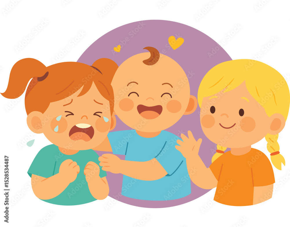 Group of children showing empathy and support to a crying girl. Flat cartoon illustration with emotional interaction in front of purple background. Social skills and emotional education concept Group of children showing empathy and support to a crying girl. Flat cartoon illustration with emotional interaction in front of purple background. Social skills and emotional education concept