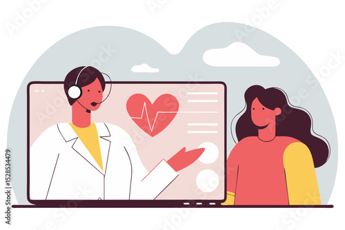A woman consults a doctor via a video call on a laptop, with a heart and heartbeat graphic on the screen, symbolizing telehealth.