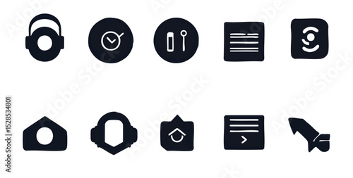 Icons arrayed in two rows display stylized forms of headphones checkmark tools document and arrow