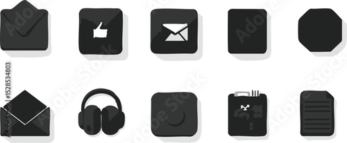 Icons arrayed two envelopes thumbs up mail square octagon headphones crescent tools paper