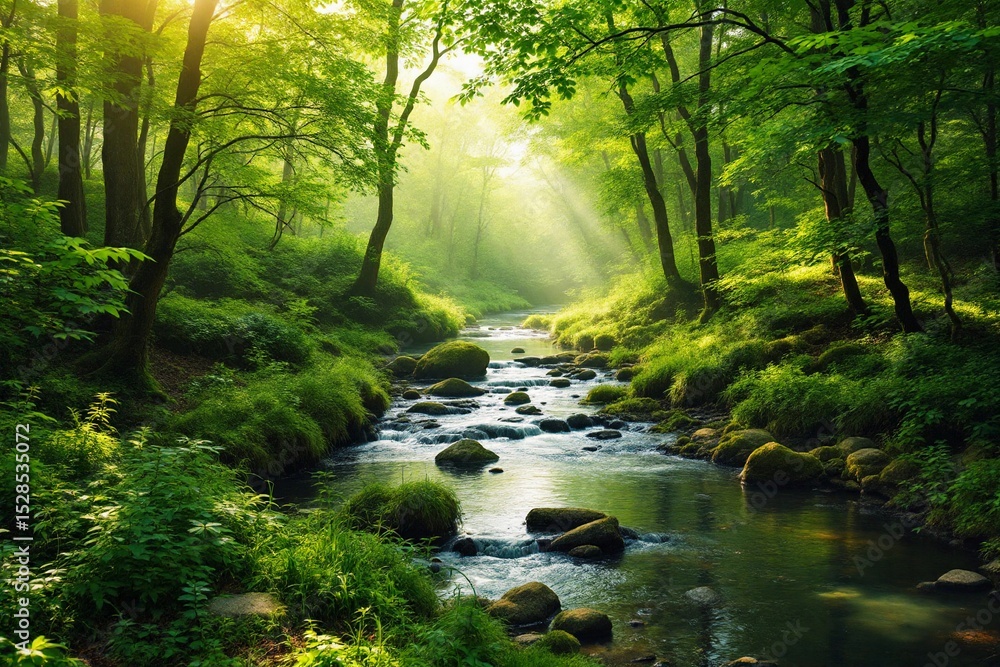 Fototapeta premium Sunlit Stream in Lush Green Forest