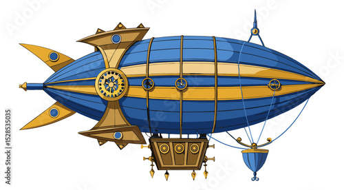 A sleek blue and gold airship, featuring ornate steampunk design elements and intricate mechanical details.