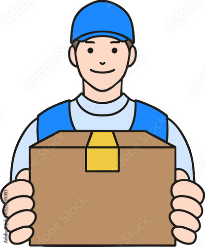 A man with a box drawn in a vector image, a delivery driver holding a parcel
