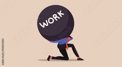 Businessman kneel under the heavy load of professional responsibility, concept of emotional burden and invisible pressure at work, flat vector illustration