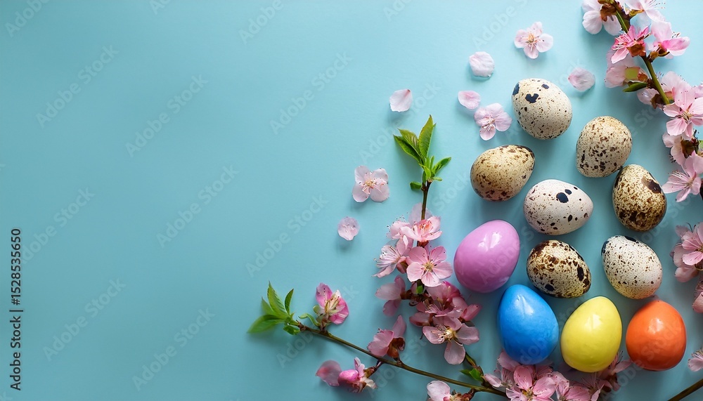 Fototapeta premium colorful small quail eggs with flowering branches on a light blue background creating a charming spring design element for easter card background