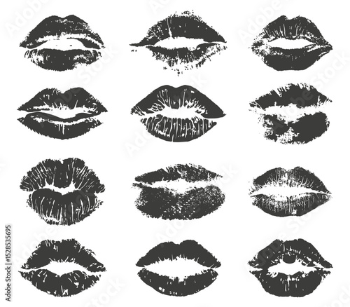 Set of  lipstick kiss isolated on a white background. Black lipstick mark kisses collection