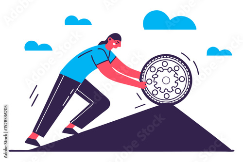 A person exerts significant effort to push a large gear up a steep incline, representing overcoming challenges and the mechanics of progress.