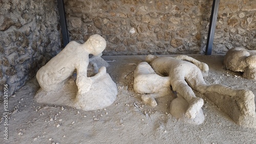 Pompeii, Italy - 8 January 2025. In the Garden of the Fugitives, casts of people who perished in the eruption capture their final poses on the ash-covered ground.