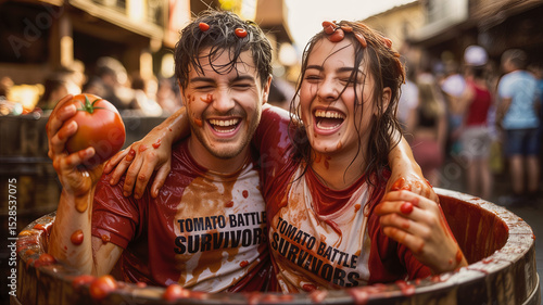 Happy friends enjoying tomato battle at festival
