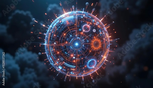 Glowing Digital Sphere, Blue Orange Futuristic Technology on Dark Background