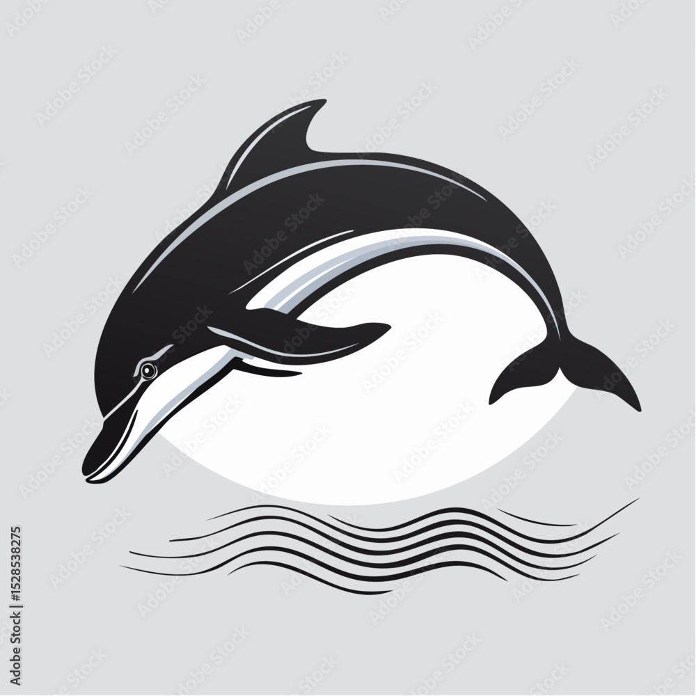 Fototapeta premium Vector illustration of a black and white dolphin jumping over the ocean waves