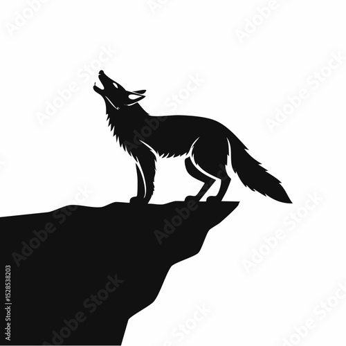 Silhouette of a howling wolf standing on a cliff edge against a bright white background