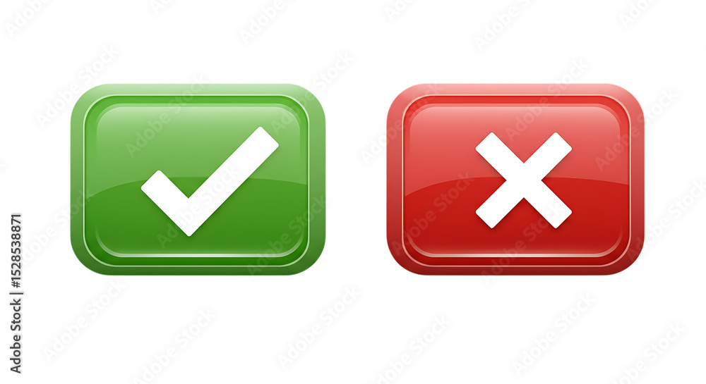 Glossy green checkmark and red cross buttons isolated on white background Glossy green checkmark and red cross buttons isolated on white background
