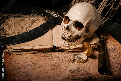 Human skull with sword, old...