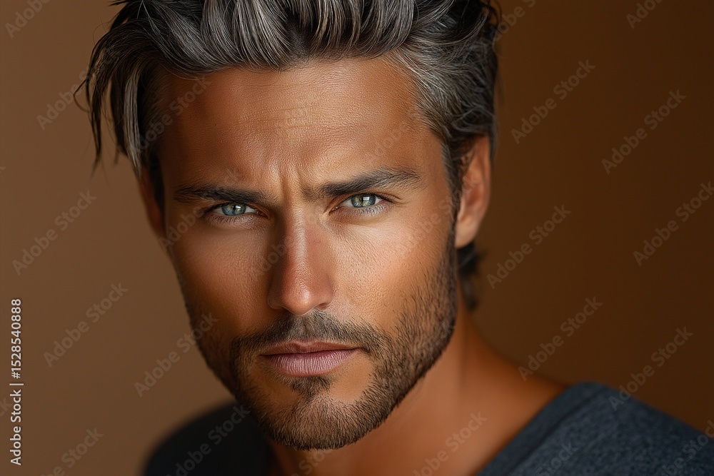 Obraz premium Captivating Portrait of Handsome Male Model with Stylish Facial Hair and Blue Eyes in Fashionable Attire - Elegant Photography Showcasing Beauty Standards and Strong Features