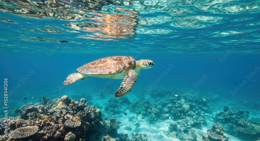 Obraz premium A Journey Through Turquoise Waters Observing a Majestic Sea Turtle Exploring Coral Reefs and an Abundance of Marine Life Underwater