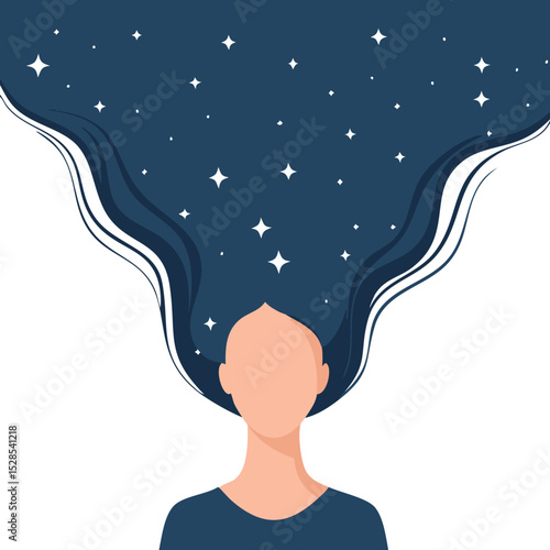 A minimalist vector illustration of a woman lying on her stomach while writing, with long dark blue flowing hair that transforms into a cosmic starry sky