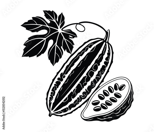 Black Bitter Melon Vector Silhouette Icon, Bitter Gourd Vegetable, Herbal Bitter Melon Silhouette, Tropical Bitter Gourd Vector, Organic Bitter Melon Silhouette.