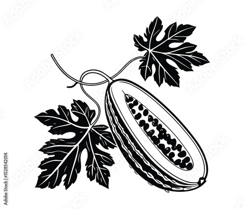 Black Bitter Melon Vector Silhouette Icon, Bitter Gourd Vegetable, Herbal Bitter Melon Silhouette, Tropical Bitter Gourd Vector, Organic Bitter Melon Silhouette.