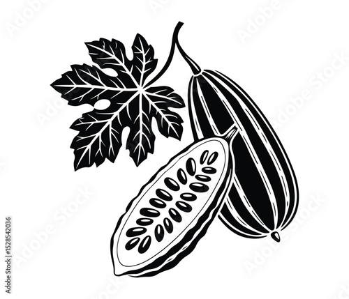 Black Bitter Melon Vector Silhouette Icon, Bitter Gourd Vegetable, Herbal Bitter Melon Silhouette, Tropical Bitter Gourd Vector, Organic Bitter Melon Silhouette.