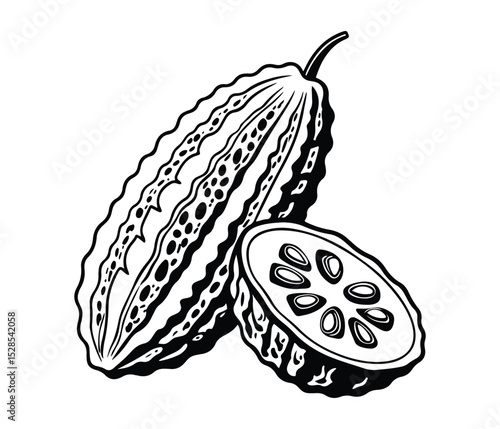 Black Bitter Melon Vector Silhouette Icon, Bitter Gourd Vegetable, Herbal Bitter Melon Silhouette, Tropical Bitter Gourd Vector, Organic Bitter Melon Silhouette.