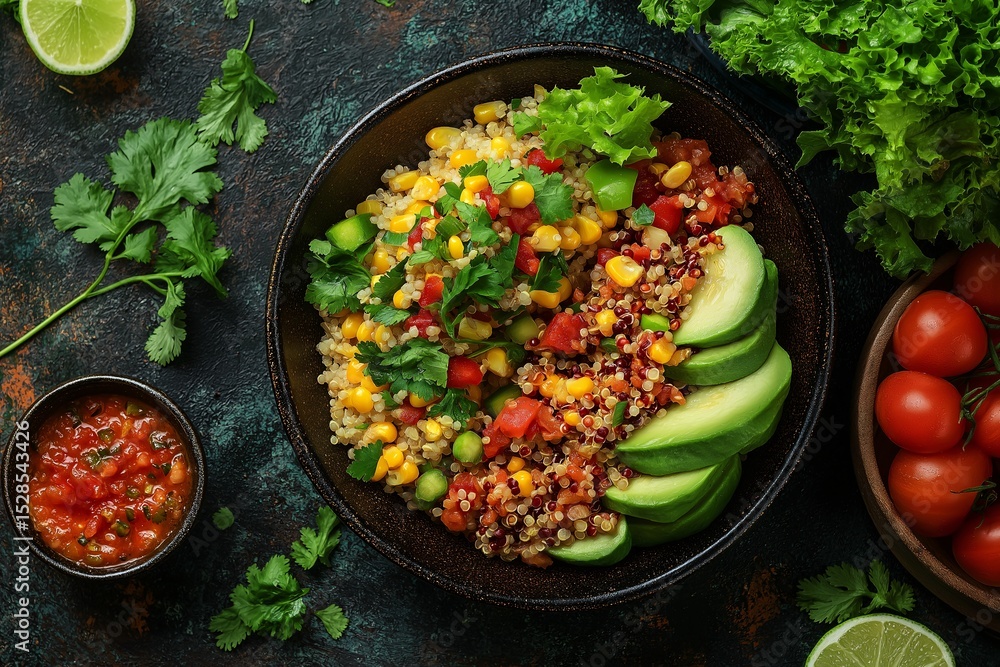 Colorful and Nutritious Quinoa Bowl with Avocado, Mexican Vegetables, and Salsa - A Delicious Plant-based Meal Colorful and Nutritious Quinoa Bowl with Avocado, Mexican Vegetables, and Salsa - A Delicious Plant-based Meal
