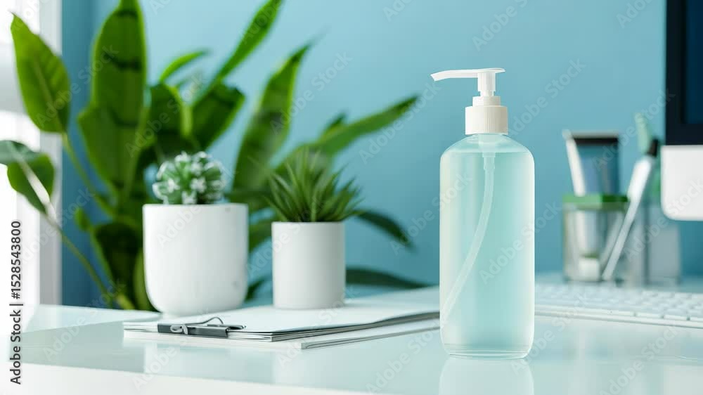 Clear Pump Bottle on Desk Surrounded by Green Plants and Notepad Clear Pump Bottle on Desk Surrounded by Green Plants and Notepad