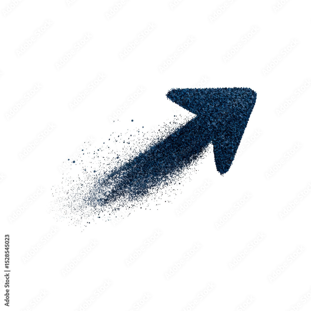Fototapeta premium Blue glittery arrow points upward on transparency background, creating dynamic and sparkling effect. arrow appears to be in motion, with trail of glitter following its path