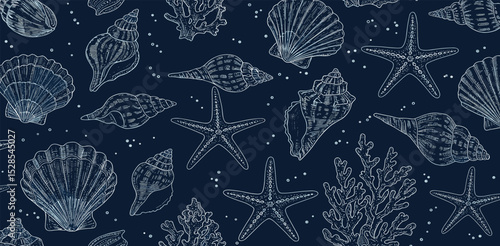 Seamless vector banner with hand drawn sea shells, conch, tentacle, starfish, corals. Outline marine drawings on wide background. Pattern with sketch silhouettes of seashore elements