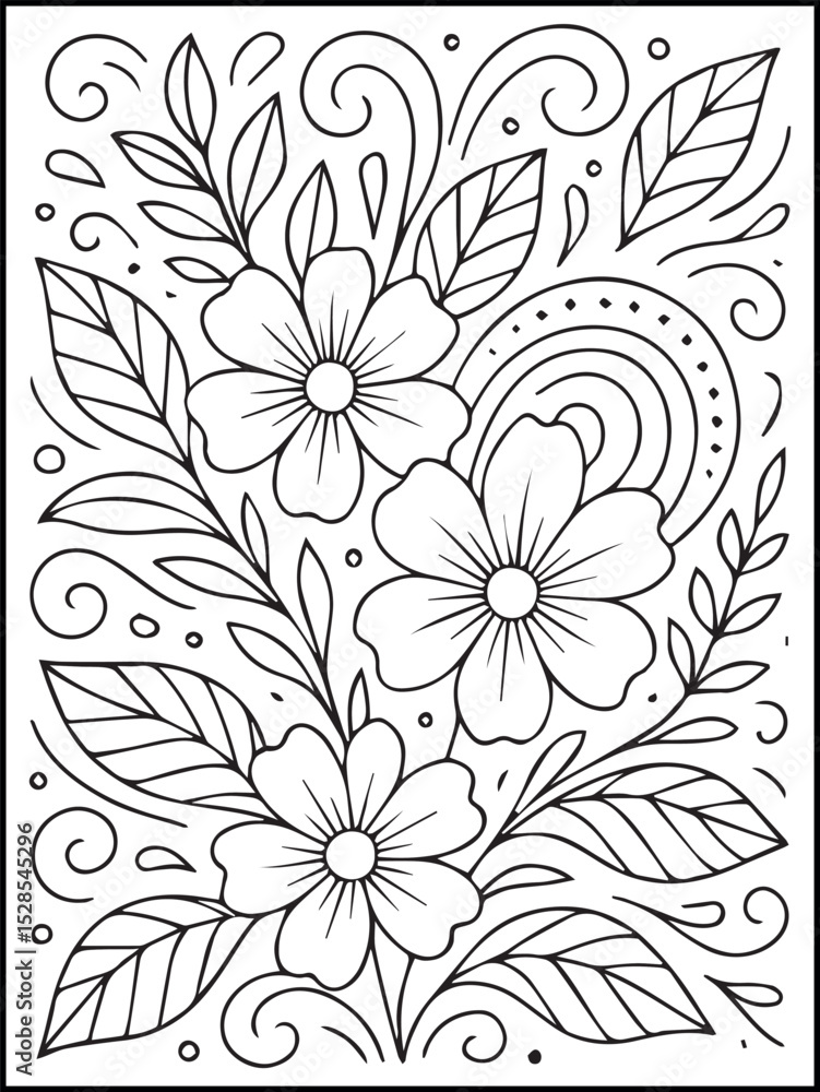 Fototapeta premium Swirly Floral Coloring Page – Bold and Easy Printable Flower and Leaf Line Art for Kids and Adults to Relax and Enjoy Coloring