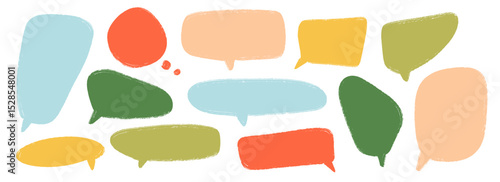 Colored hand drawn speech bubble collection. Playful Doodled marker dialog box set. Scribbled textured comic talk frames. Bright sketched chat box pack. Different balloon text box bundle. Vector 