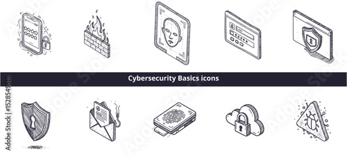 Cybersecurity Basics Icons Set, Flat Design, Transparent Background. Digital Security, Online Safety, Data Protection, Internet Safety. Web Design, Presentations, Educational Materials, UI Elements