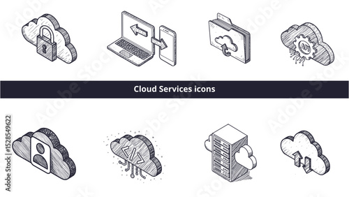 Cloud Services Icons Set, Vector Sketch and Isometric Styles, Monochromatic, Transparent Background. Technology, Connectivity, Digital Infrastructure, IT Design, Website Elements